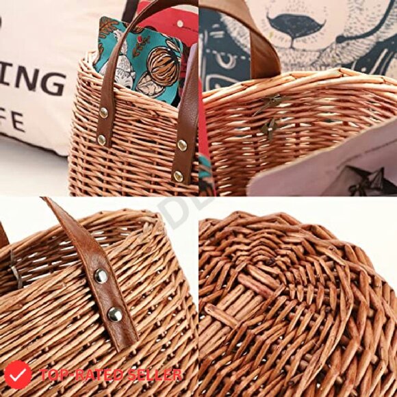 Hand-Woven Rattan Tote Bag Boho Chic Summer Beach Bag Elegant Minimal - Picture 5 of 8